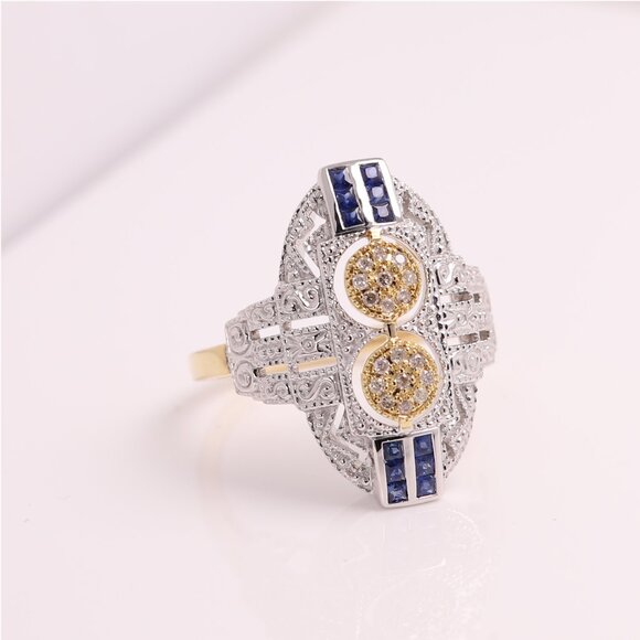 Vintage Art deco Ring Natural Blue Sapphire and Diamonds 18k and silver - Picture 3 of 14